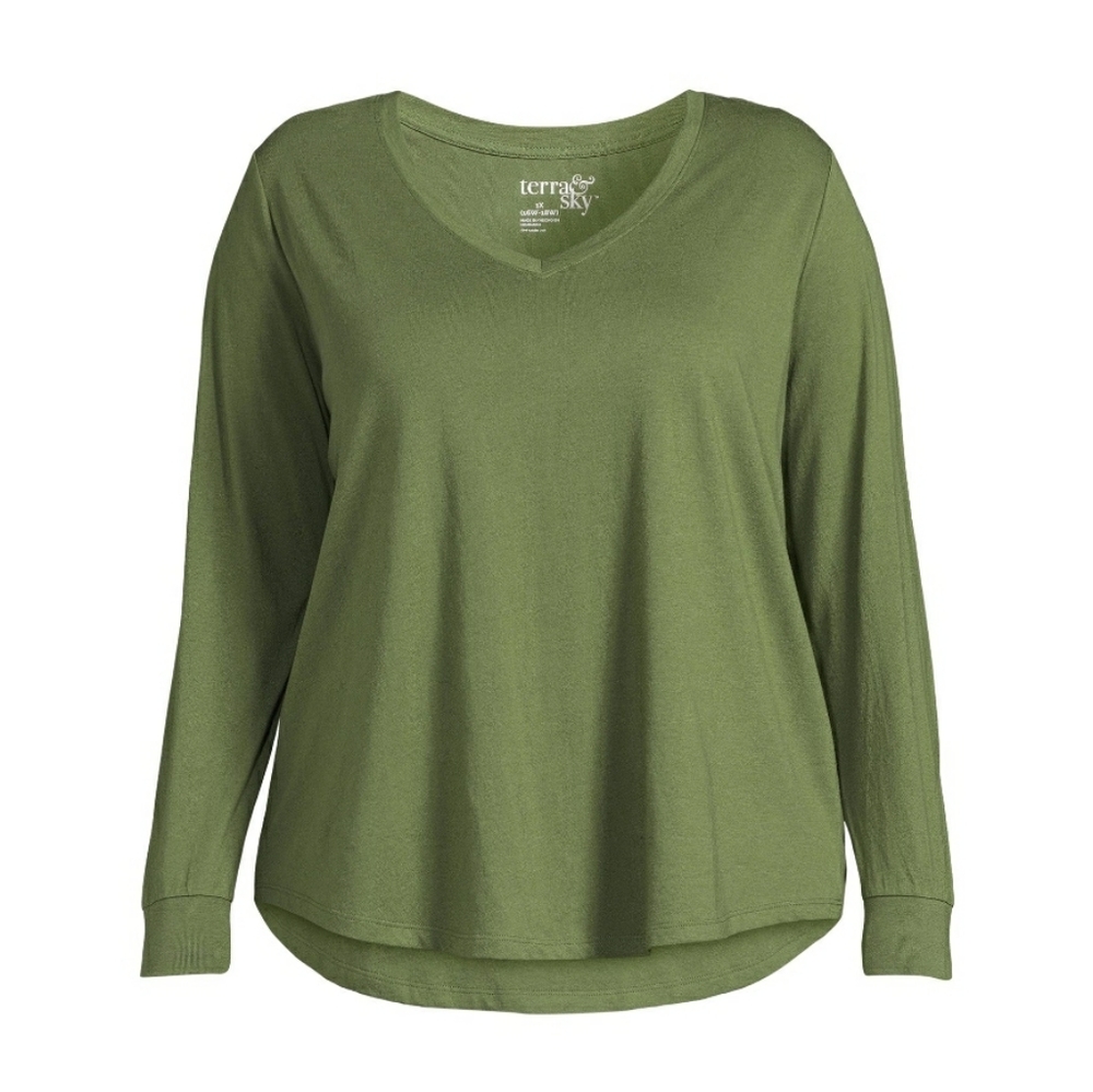 💖👄Terra & Sky Plus V-Neck Tee w/ Long Sleeves (Size 5X 32W-34W)
